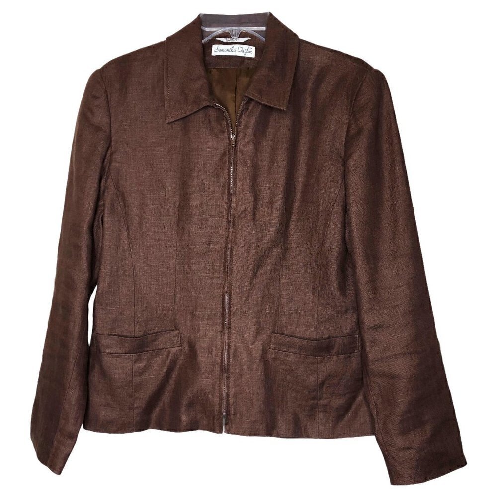 𝅺samantha TAYLOR - Brown Linen Zip Front Jacket Blazer - Size 6